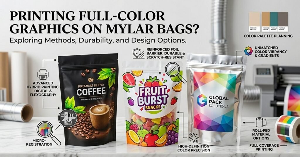 Comparison of digital vs flexographic printing quality on custom Mylar bags showing color vibrancy differences.