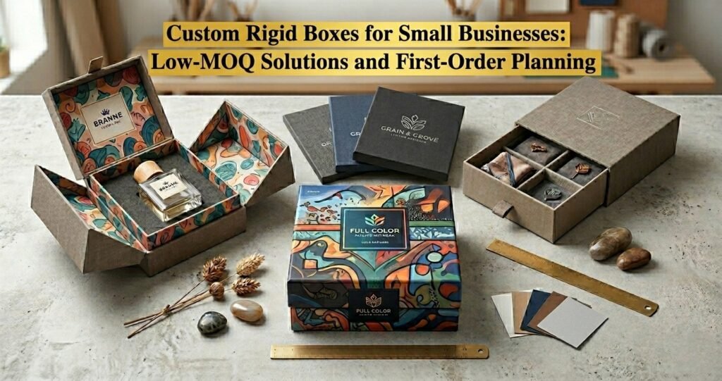 Premium custom rigid box with clean two-color geometric design on a textured paper finish, unboxed to show clean interior edges.