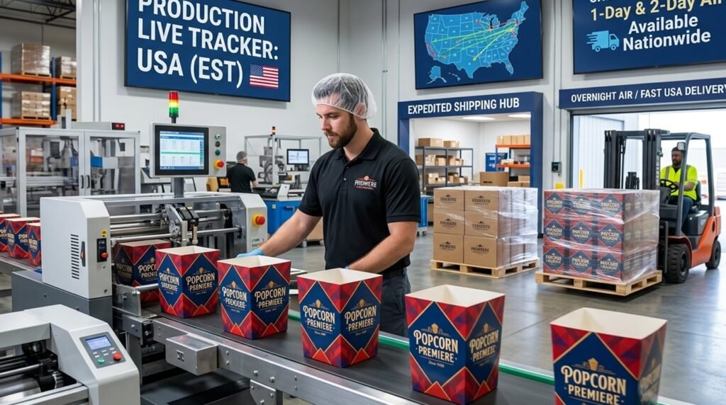 Custom branded popcorn boxes for corporate events and theater concessions stacked together.