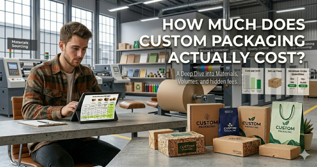 An analytical infographic image titled "How Much Does Custom Packaging Actually Cost?" set against a modern factory backdrop. A tablet displaying a cost breakdown spreadsheet sits among various custom branded boxes. The image includes informational graphics detailing material selection, print complexity, set-up fees, and volume-based pricing structures.