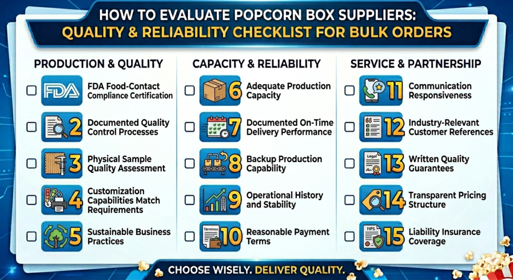 A 15-point quality and reliability checklist infographic for evaluating popcorn box suppliers across production quality, capacity, and service partnership.