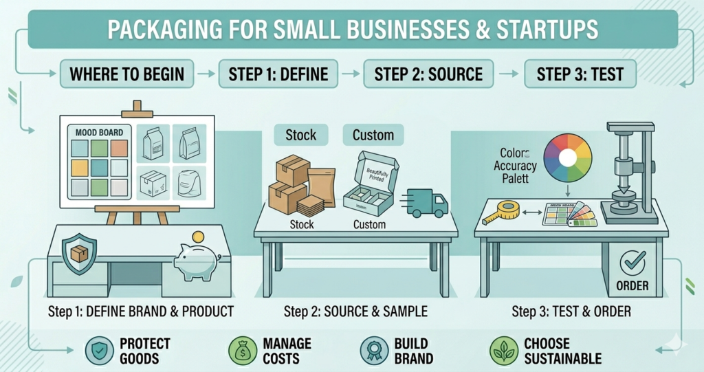 An infographic titled "PACKAGING FOR SMALL BUSINESSES & STARTUPS" with a flowchart illustrating a three-step process: where to begin, source and sample, and test and order, using icons and examples of mood boards, boxes, and testing tools.