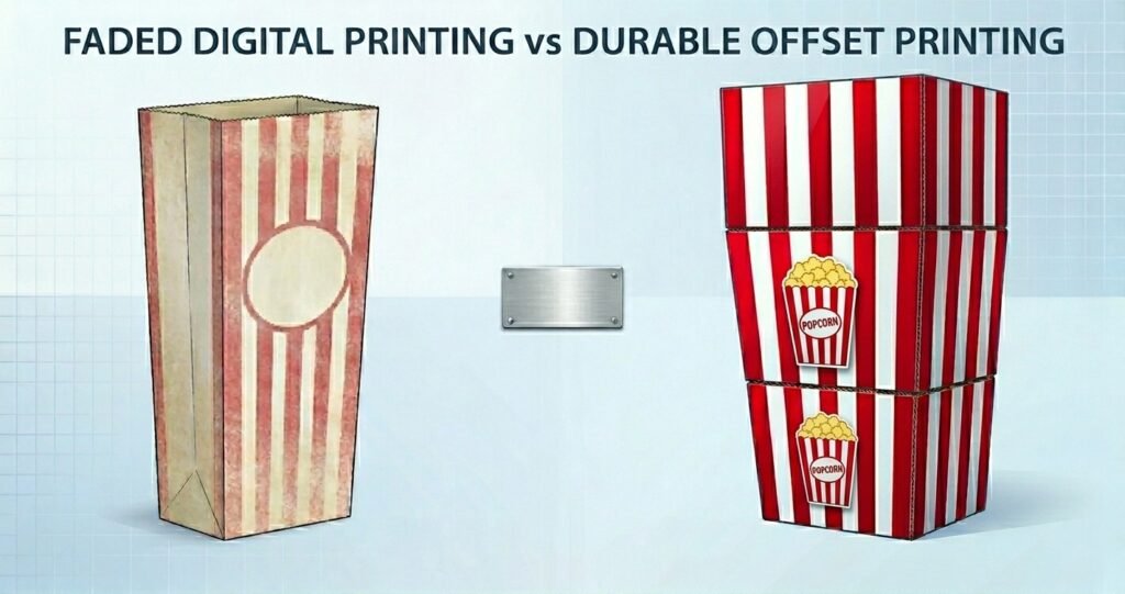 A side-by-side comparison infographic displaying a faded, low-quality digitally printed popcorn box on the left, contrasted with a highly durable, vibrant red-and-white striped offset printed custom box design on the right featuring clear popcorn branding icons.