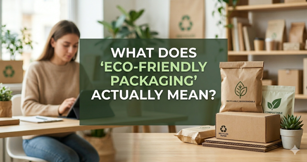 Professional workspace featuring recycled paper boxes and biodegradable mailers with the text "What Does 'Eco-Friendly Packaging' Actually Mean?"