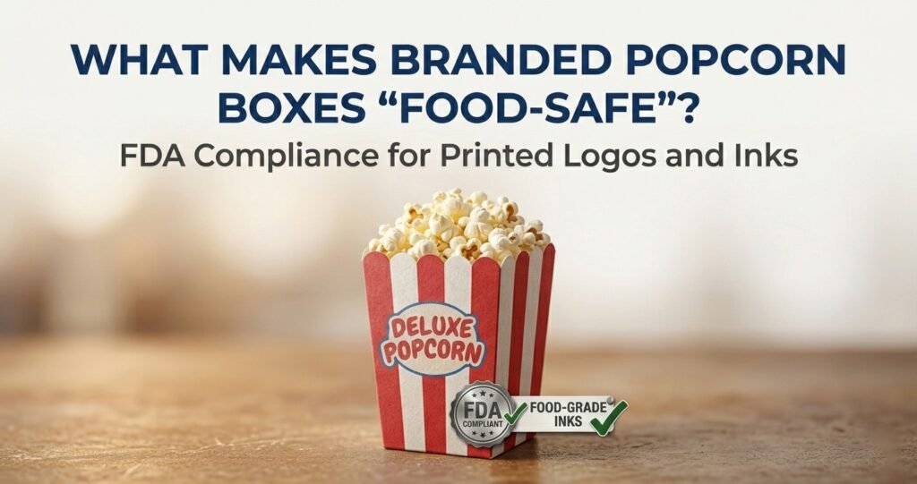 Custom branded popcorn boxes featuring vibrant exterior printing and clean food safe interior grease resistant lining.