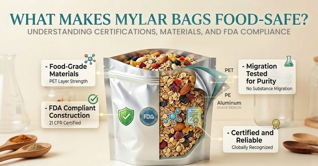 Cross-section diagram of food-safe Mylar bag layers including virgin PET film and FDA compliant interior coating.