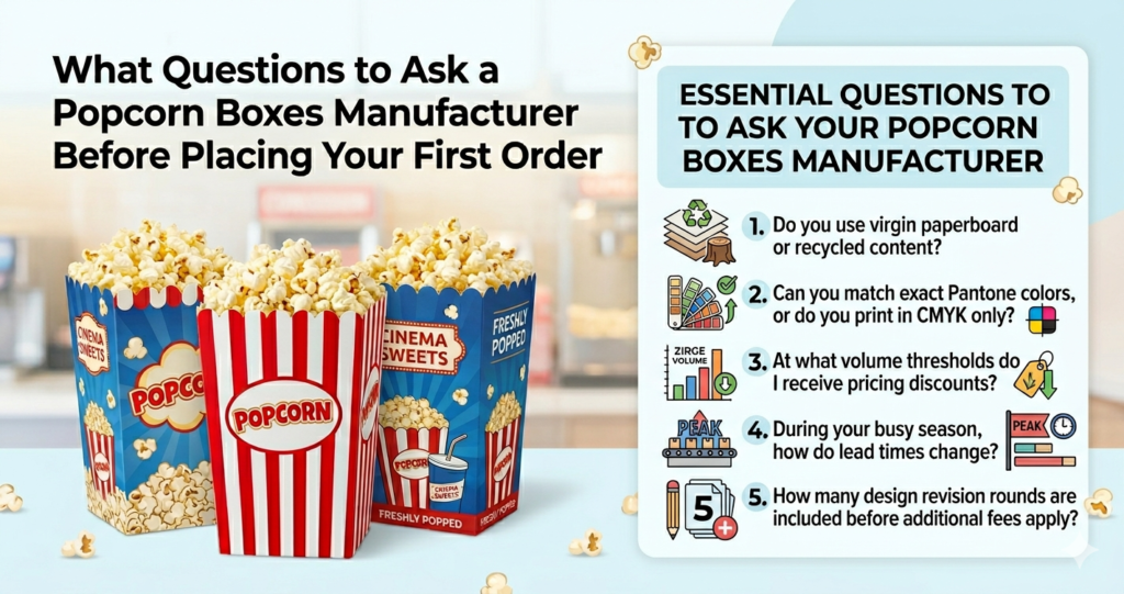 Infographic titled 'What Questions to Ask a Popcorn Boxes Manufacturer Before Placing Your First Order' featuring customized popcorn boxes and a 5-step checklist on material choice, Pantone printing, bulk pricing thresholds, seasonal lead times, and design revisions.