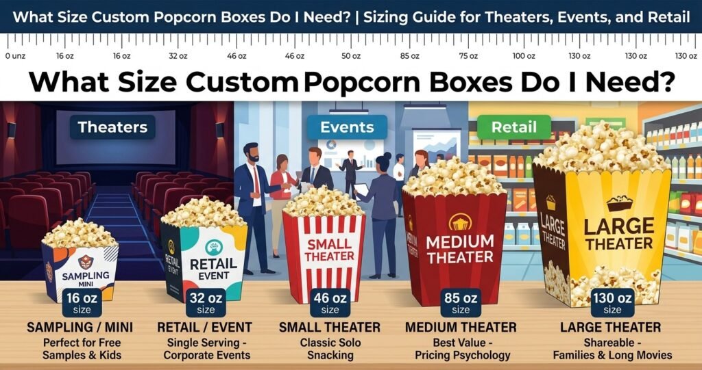Infographic chart comparing standard custom popcorn box sizes including 46-ounce small, 85-ounce medium, and 130-ounce large movie theater dimensions.