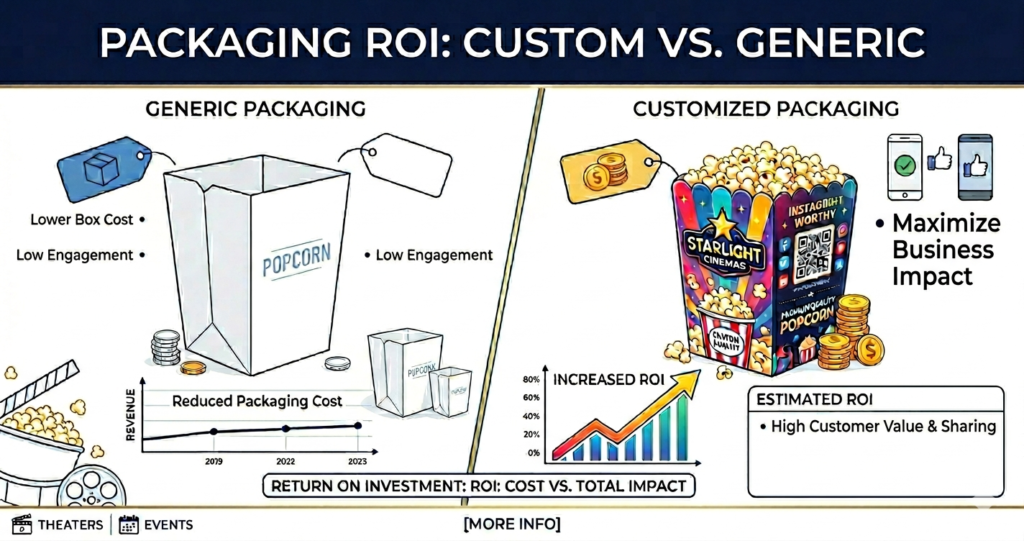 A side-by-side comparison of a plain white generic popcorn box ($0.22) and a vibrant custom-branded popcorn box ($0.85) illustrating the hidden marketing ROI and 180-350% revenue return for movie theaters.