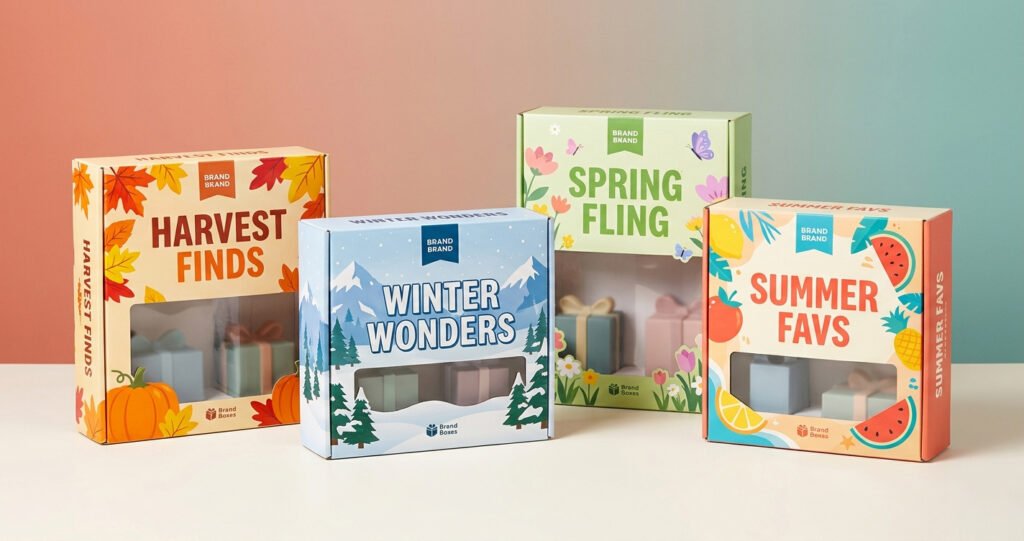 Custom printed retail display boxes with identical structural die cuts showing different seasonal graphic designs for holiday product packaging.