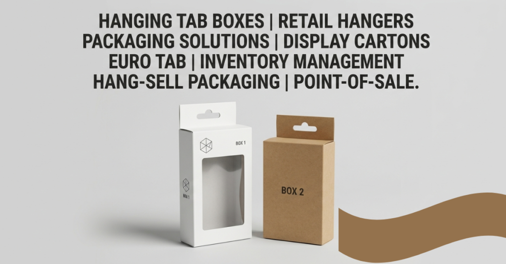 A close-up view of a heavy-duty cardstock hanging tab box suspended from a standard retail wire peg, showing a rounded stadium slot design that minimizes corner stress concentration.