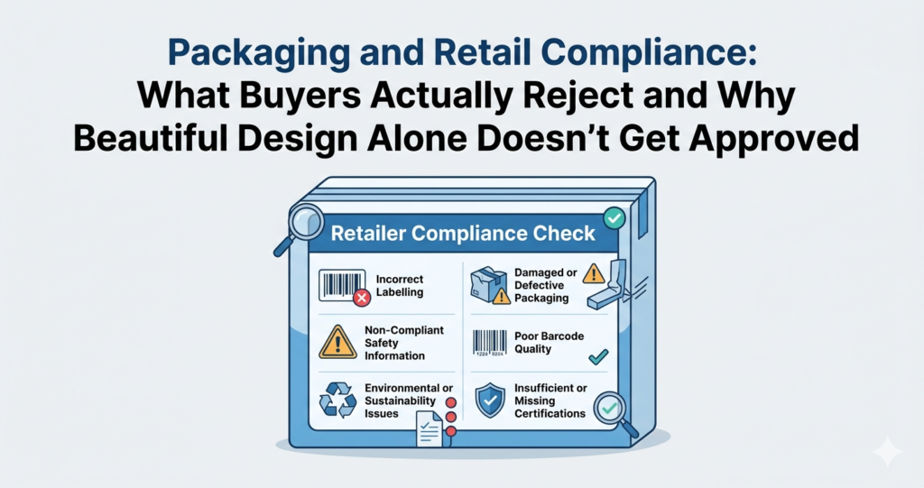 A retail compliance checklist overlaying a premium product package layout, highlighting GS1 barcode placement, master carton dimensions, and planogram shelf-space testing.
