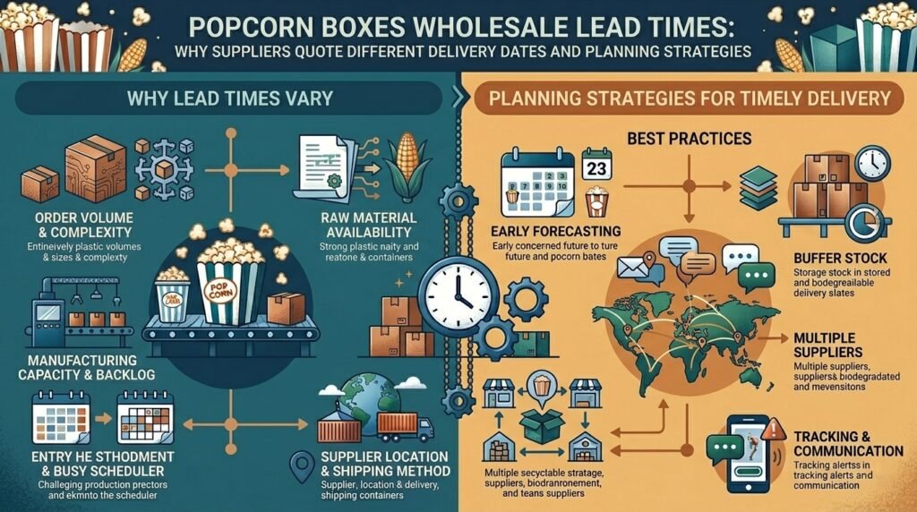 Infographic explaining popcorn boxes wholesale lead times, comparing why supply chain delivery dates vary with strategic planning methods for timely inventory management.