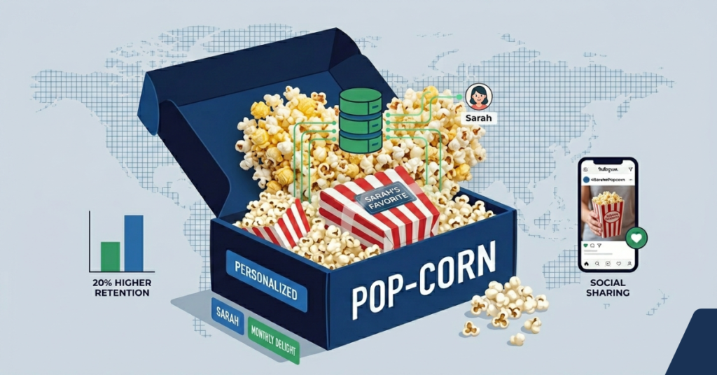 A clean B2B graphic diagram displaying an open premium custom popcorn subscription box filled with realistic popcorn and a personalized striped container, illustrating a 20% higher retention workflow in a blue and green color scheme.