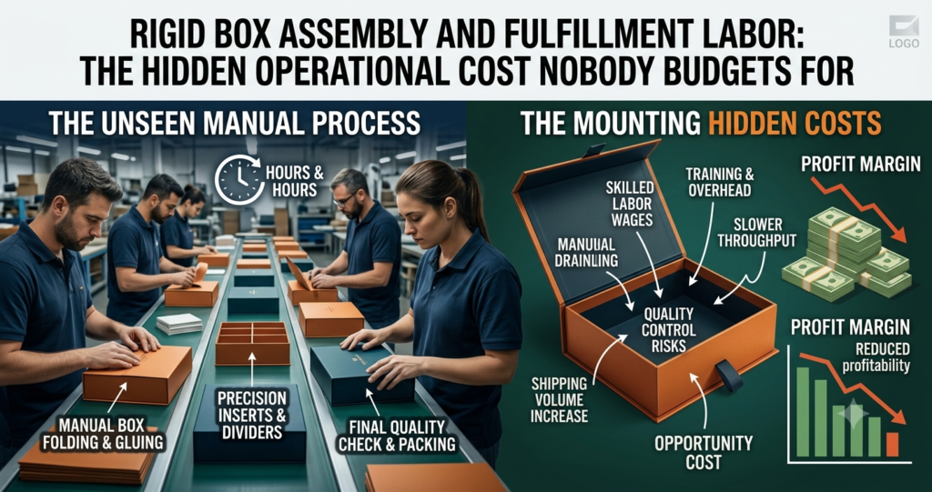 Comparison of rigid box versus folding carton fulfillment labor showing packing time differences, quality inspection requirements, and total cost impact per unit