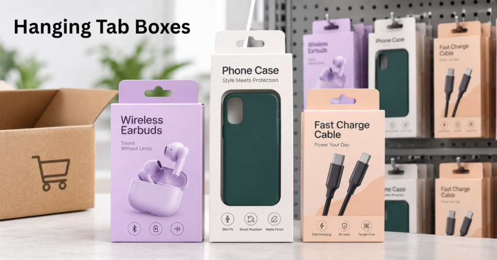 Custom hanging tab packaging box highlighting a heavy-duty cardboard header with integrated Mylar tab reinforcement.
