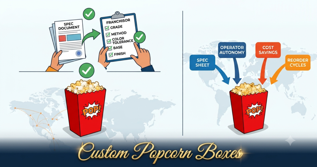 Three custom-printed red popcorn boxes with white logos stacked neatly on a wooden counter, showing perfect color matching and identical matte lamination finish.