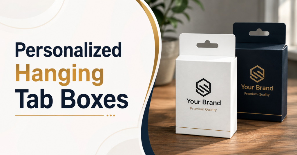 Dedicated retail peg hook display organizing custom printed hanging tab boxes alphabetically by recipient name for gift retail browsing.